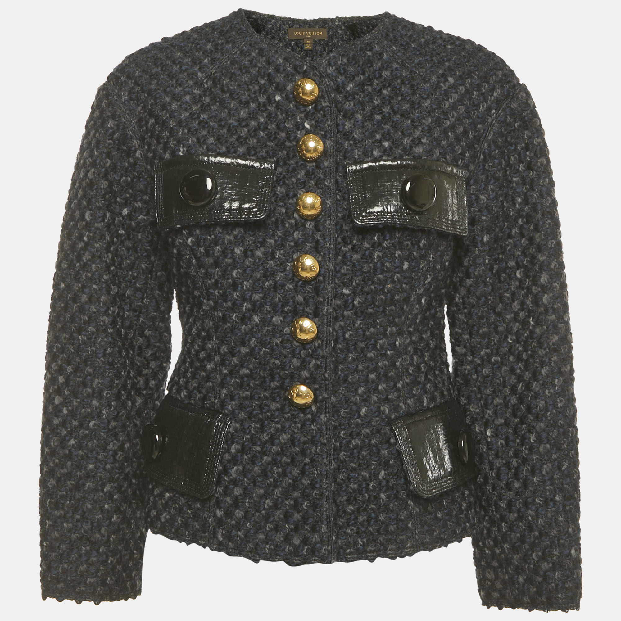 Pre-owned Louis Vuitton Navy Blue Patterned Wool Blend Buttoned Jacket M