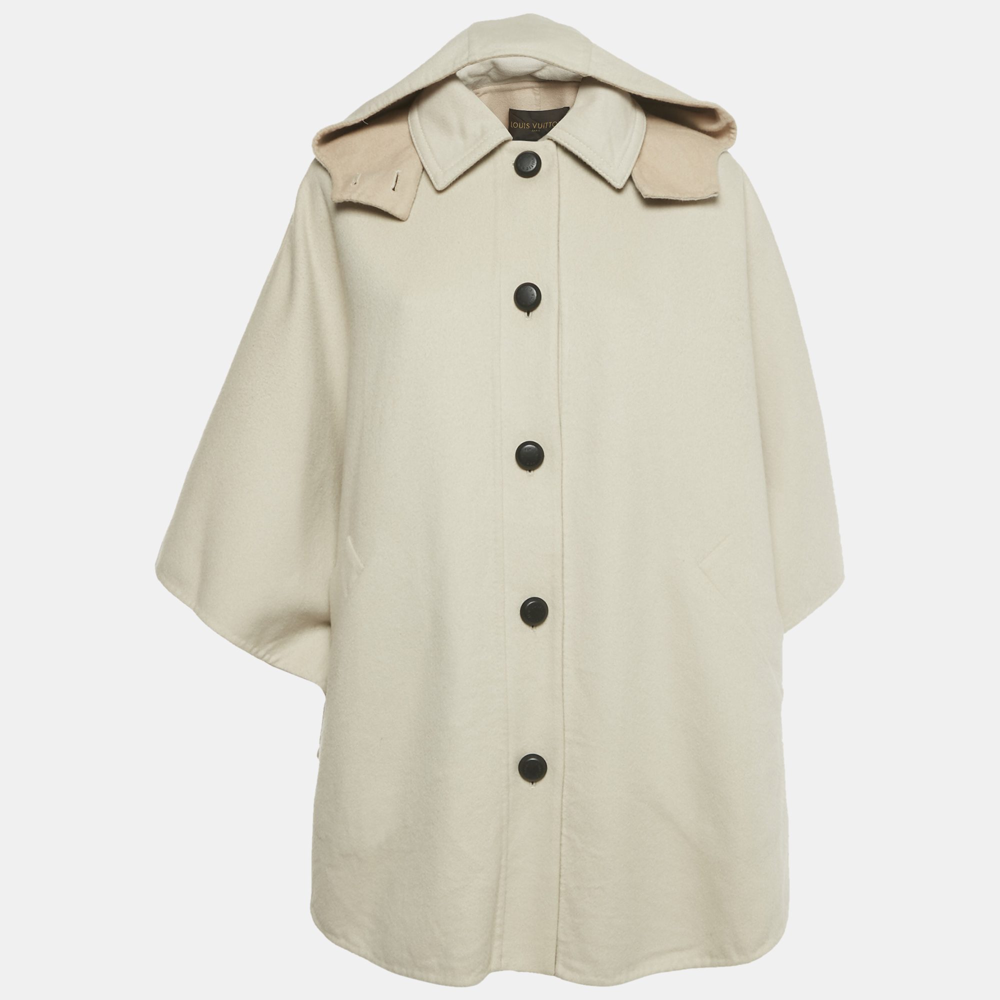 Pre-owned Louis Vuitton Beige Wool Detachable Hood Button Front Cape Coat M In Sand