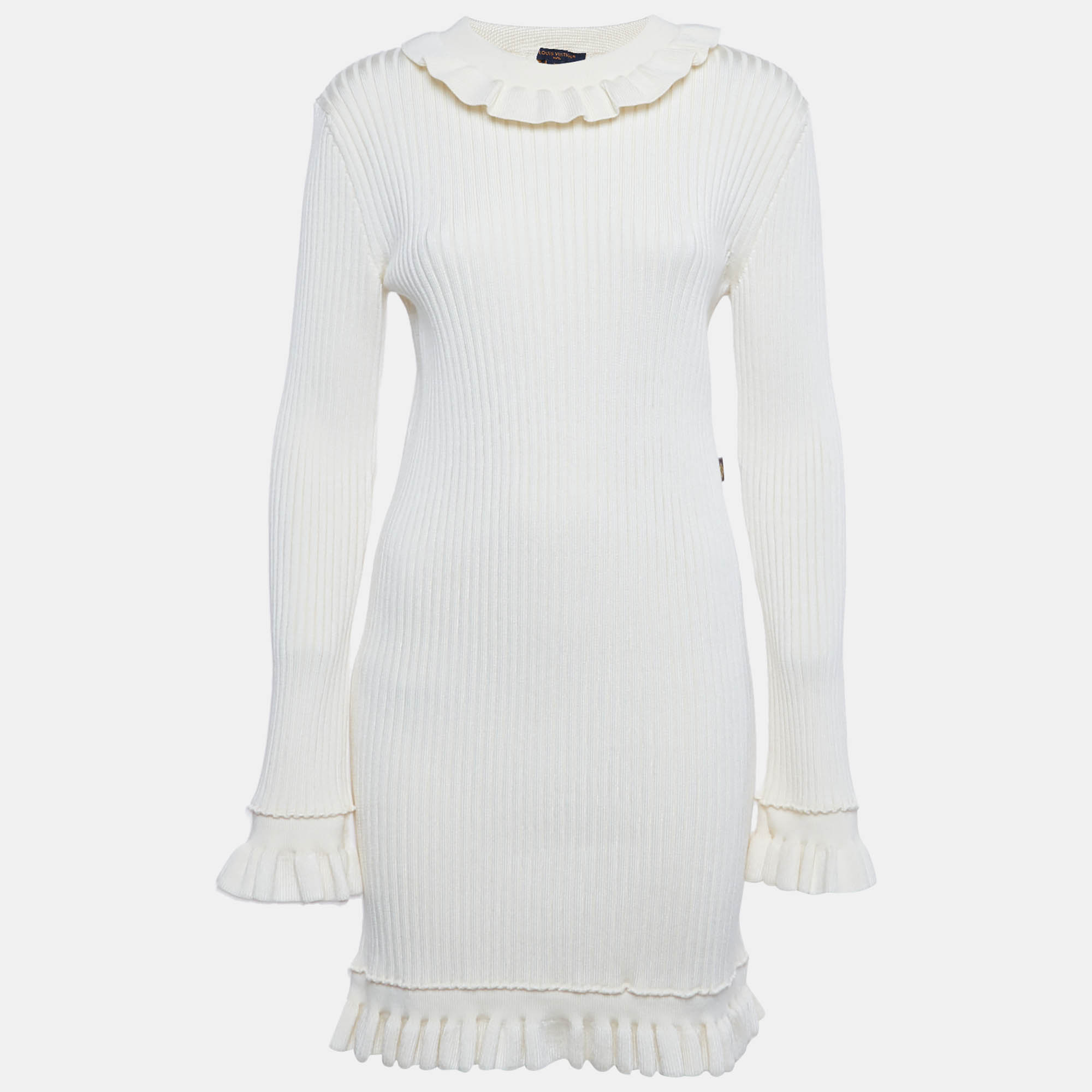 

Louis Vuitton Ivory Rib Knit Ruffled Mini Dress XL, White