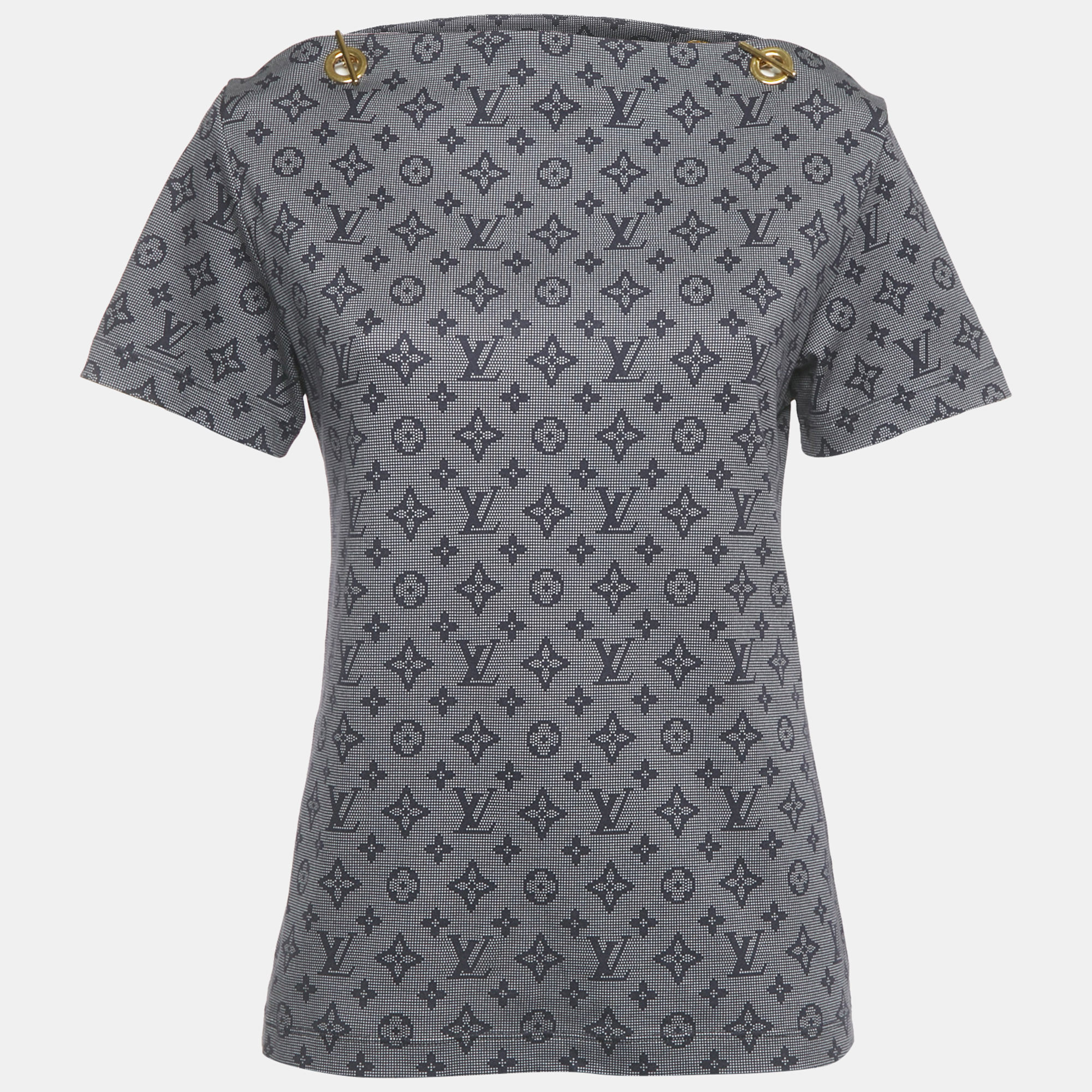 

Louis Vuitton Navy Blue Monogram Print Cotton Chain Detail Mahina T-Shirt XS