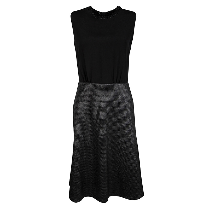 Louis Vuitton Black Leather Trim Textured Skirt Detail Sleeveless Dress S