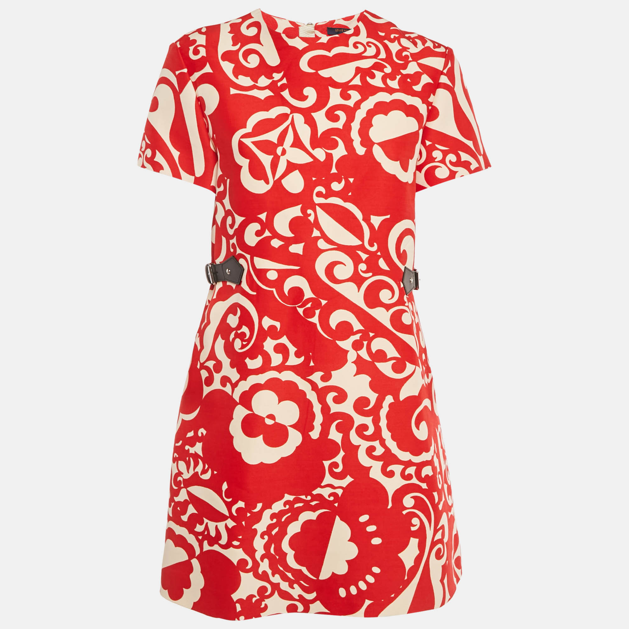

Louis Vuitton Red Printed Crepe Leather Trim Shift Dress M