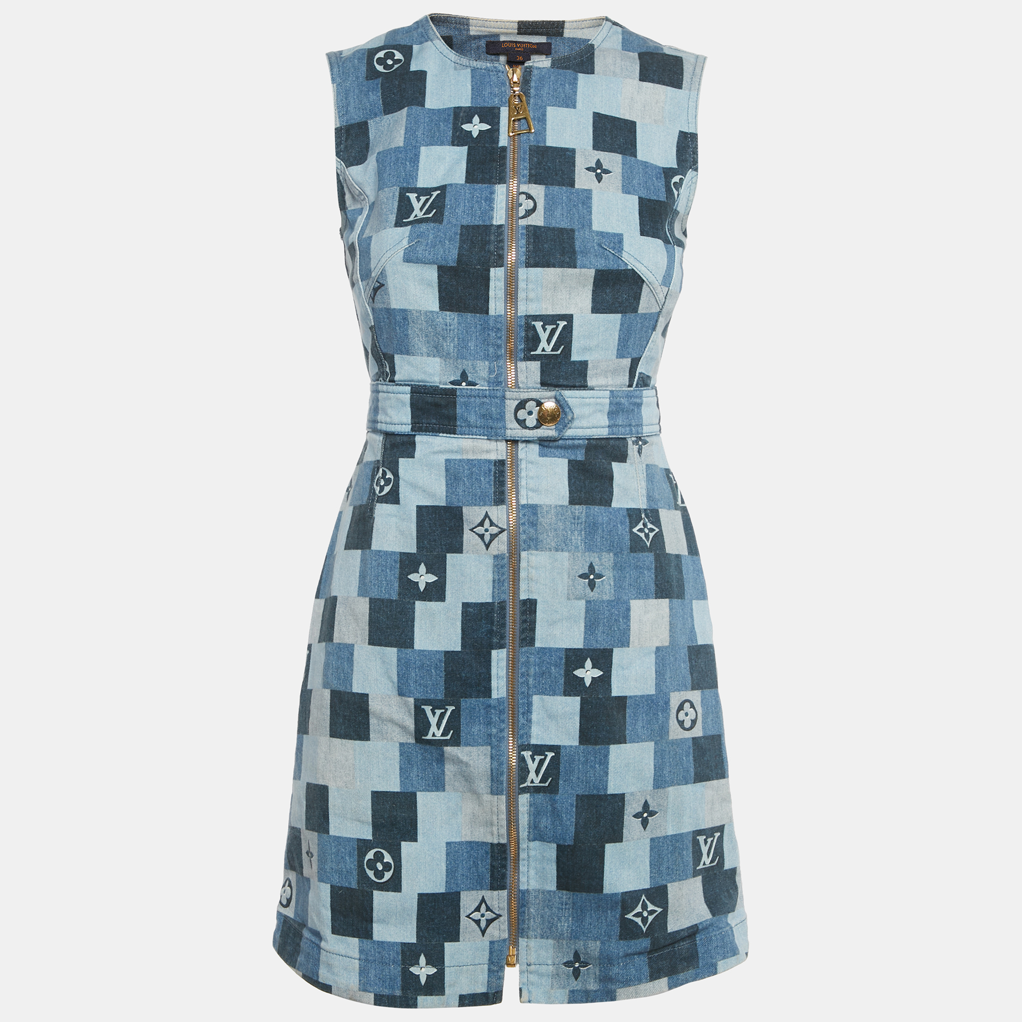 Pre-owned Louis Vuitton Blue Monogram Checks Denim Mini Dress S