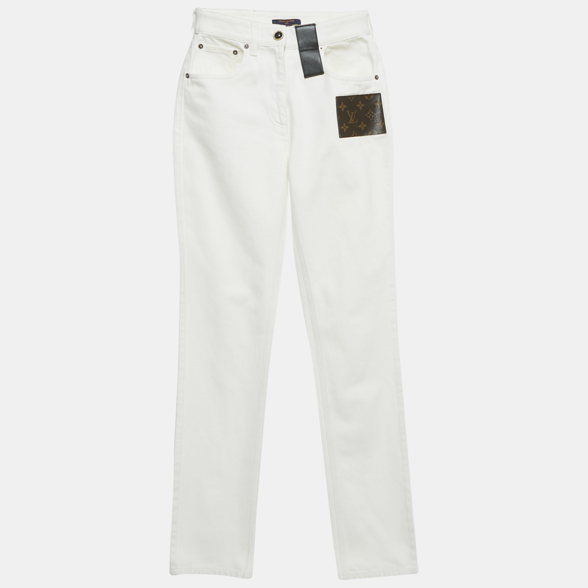 

Louis Vuitton White Leather Applique Monogram Denim Jeans S Waist 25"