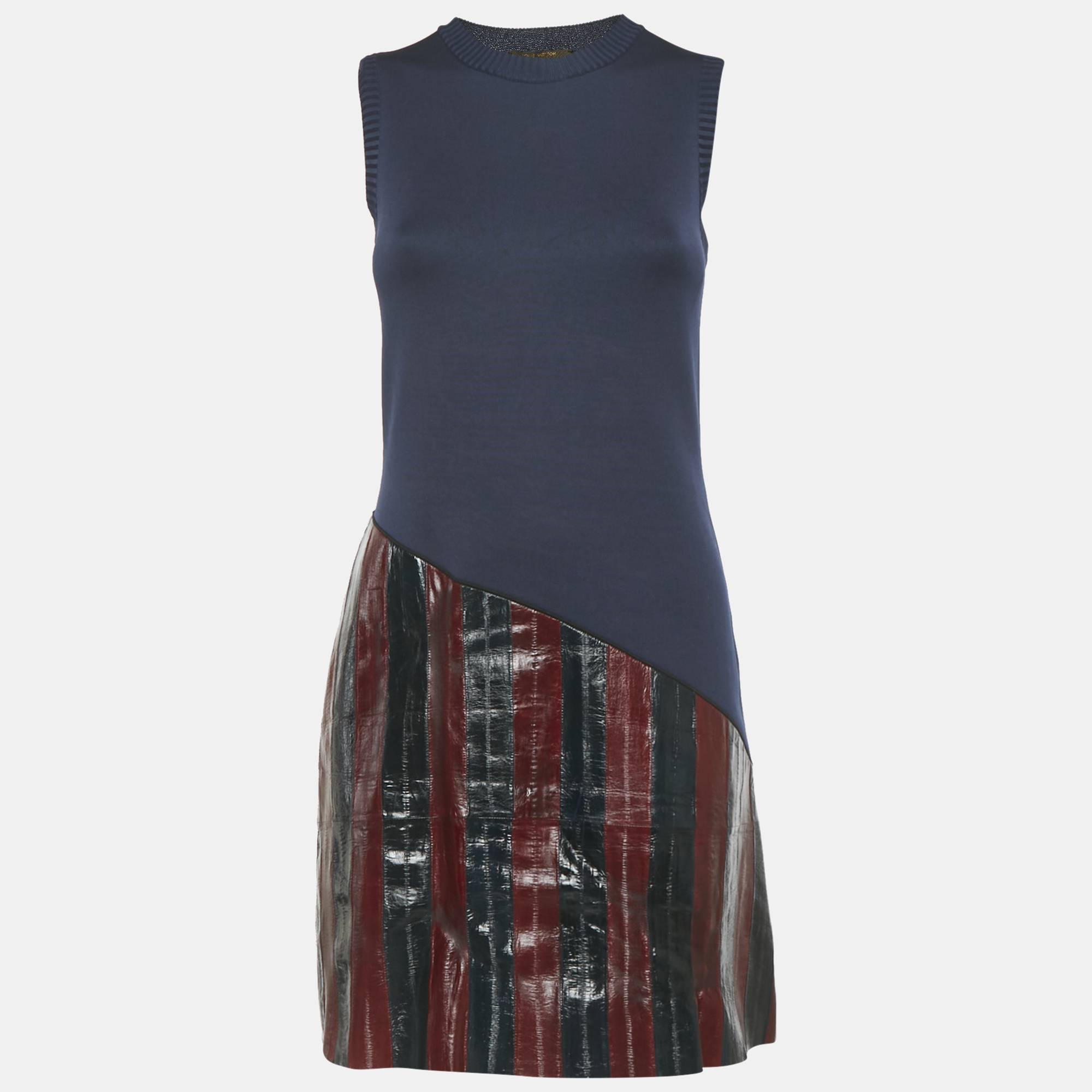 Louis Vuitton Navy Blue Leather Trim Mini Dress S