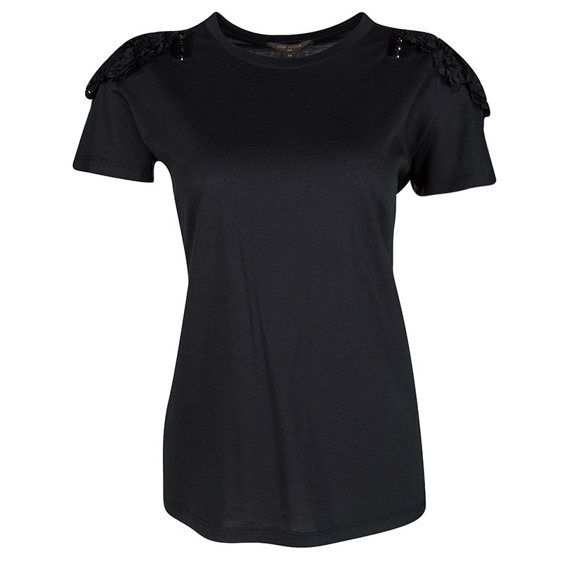 Louis Vuitton Black Cotton Embellished Shoulder Detail T-Shirt M