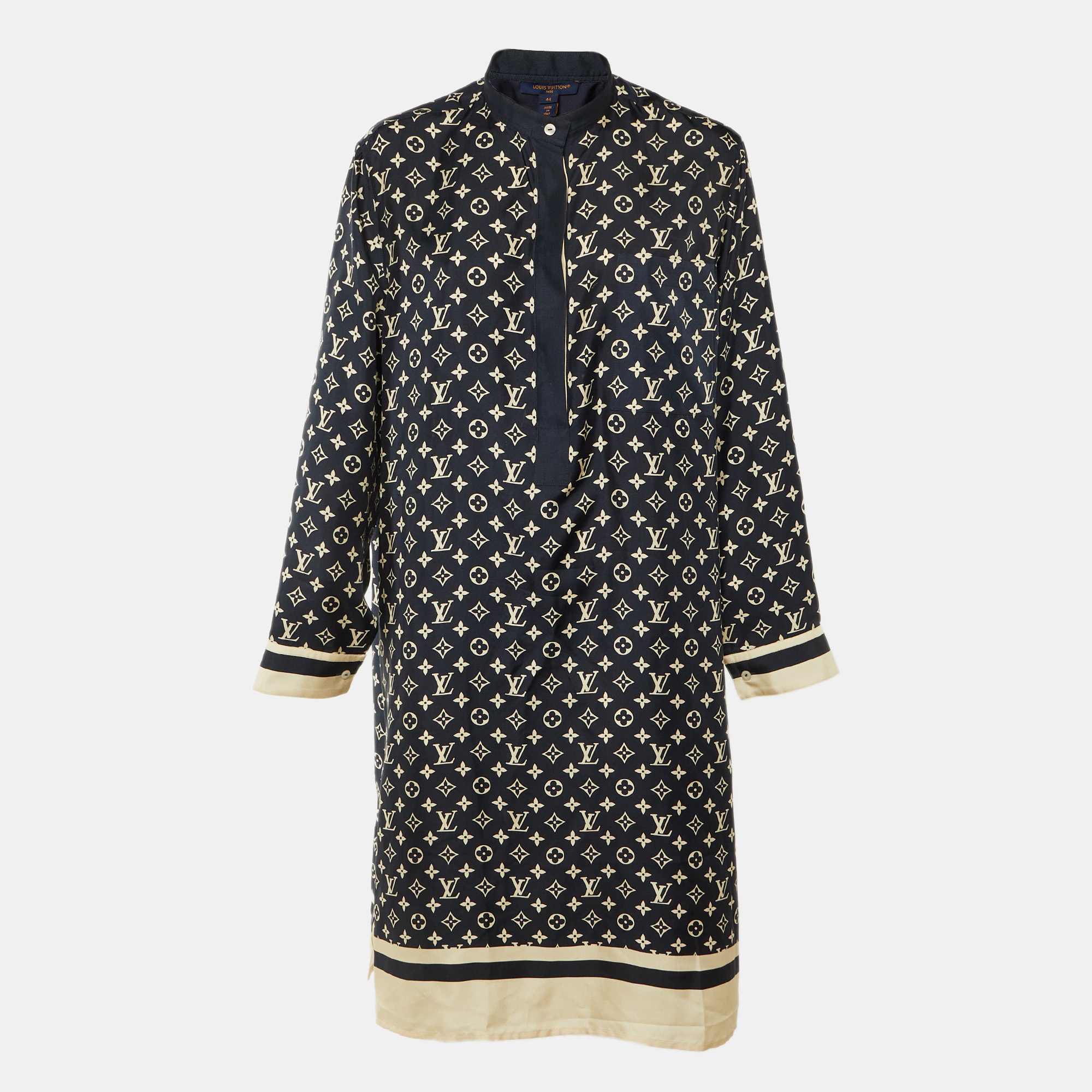 

Louis Vuitton Navy Blue Monogram Striped Silk Shift Dress L