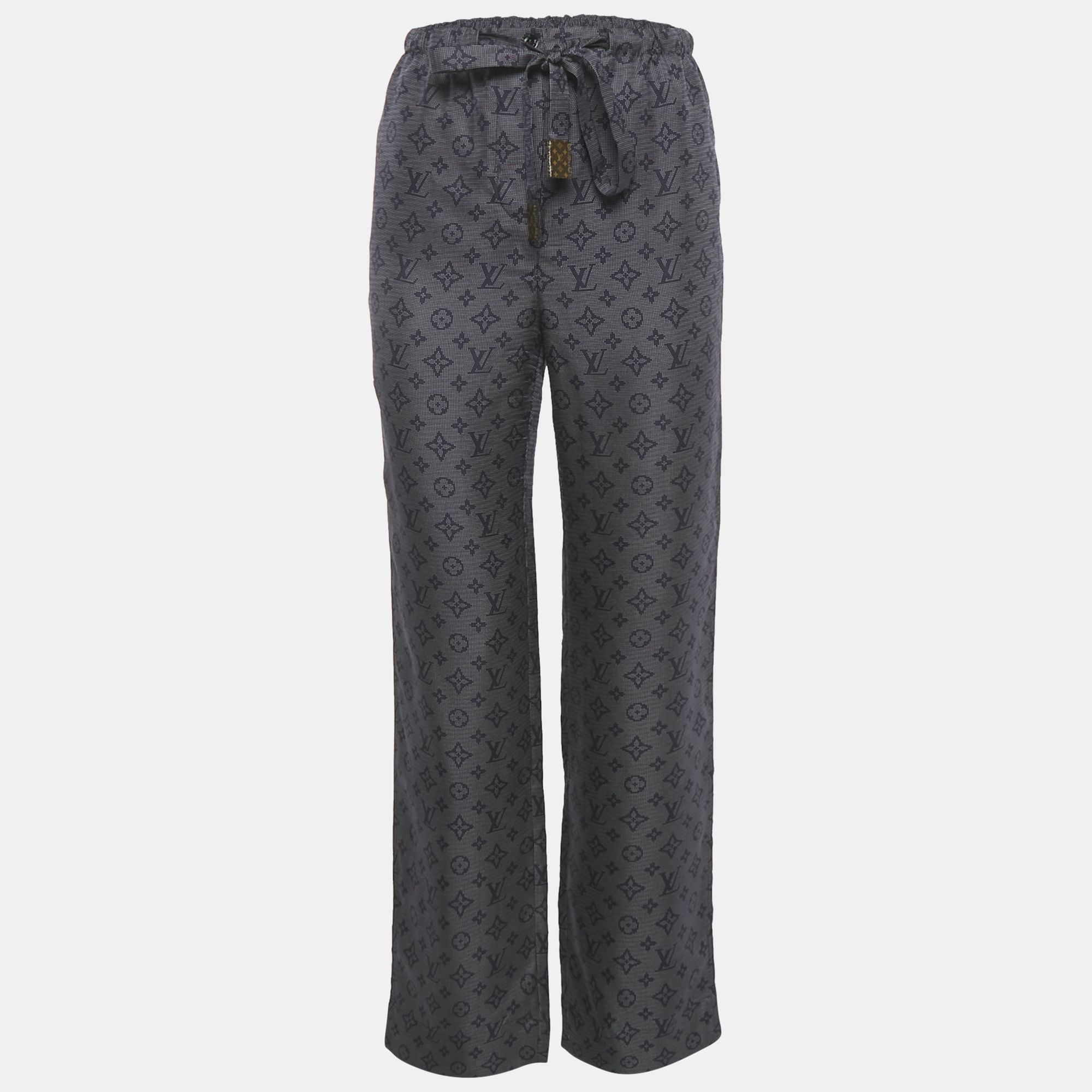 

Louis Vuitton Navy Blue Logo Printed Silk Pants S