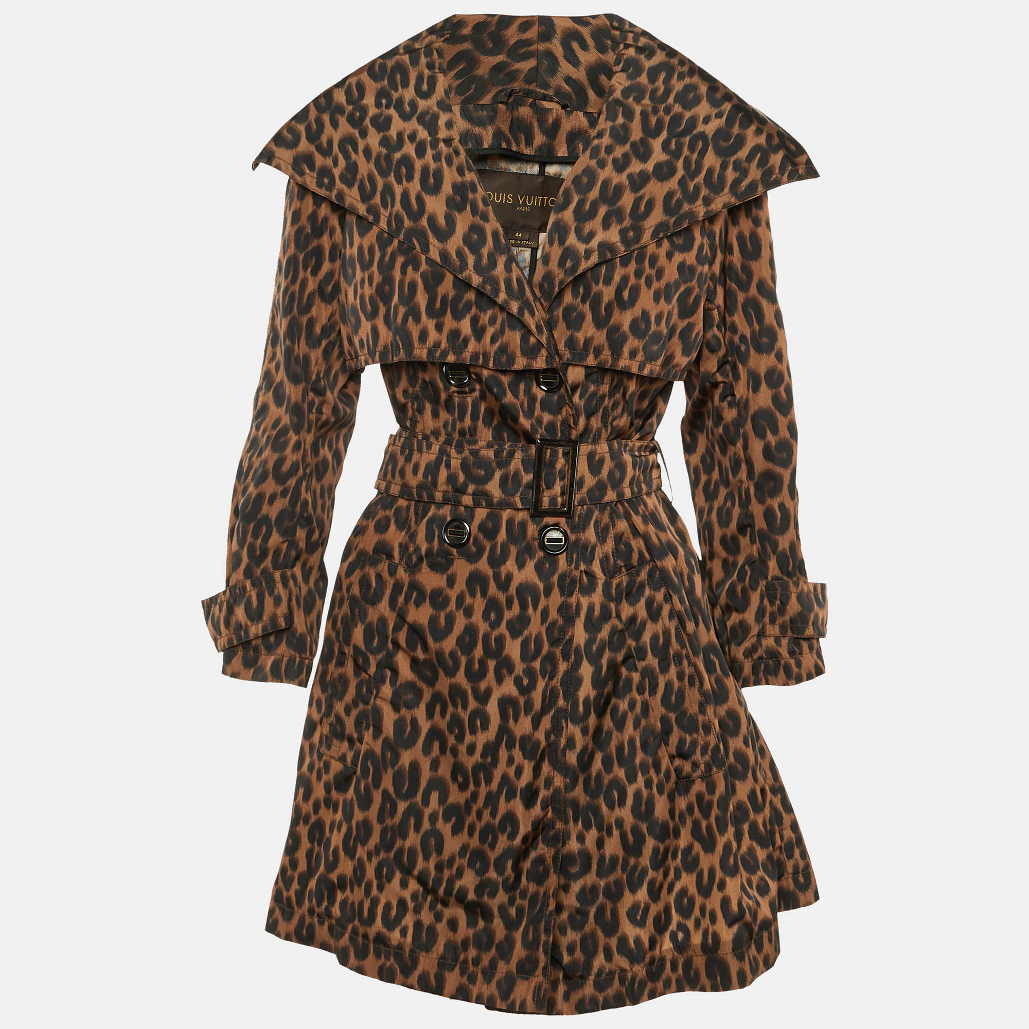 Pre-owned Louis Vuitton Brown Leopard Print Nylon Trench Coat L