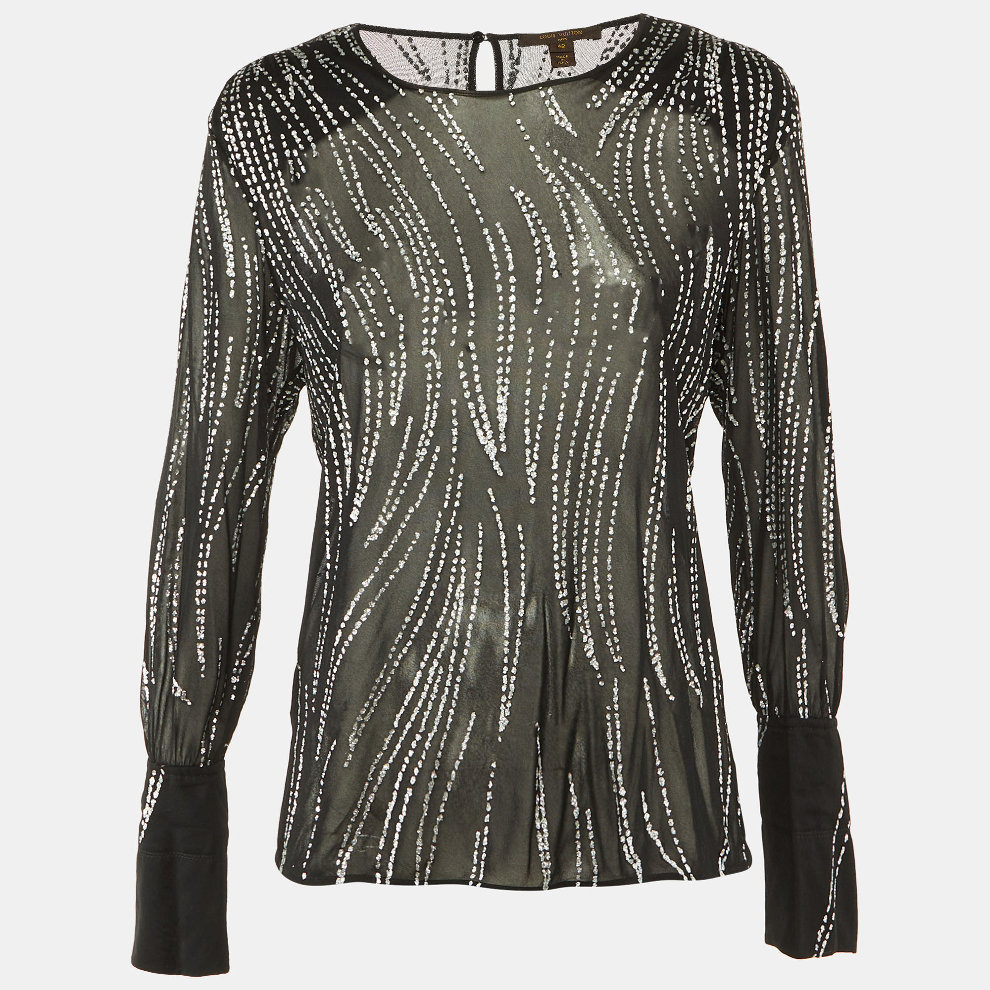 Pre-owned Louis Vuitton Black Glitter Print Mesh Sheer Top L