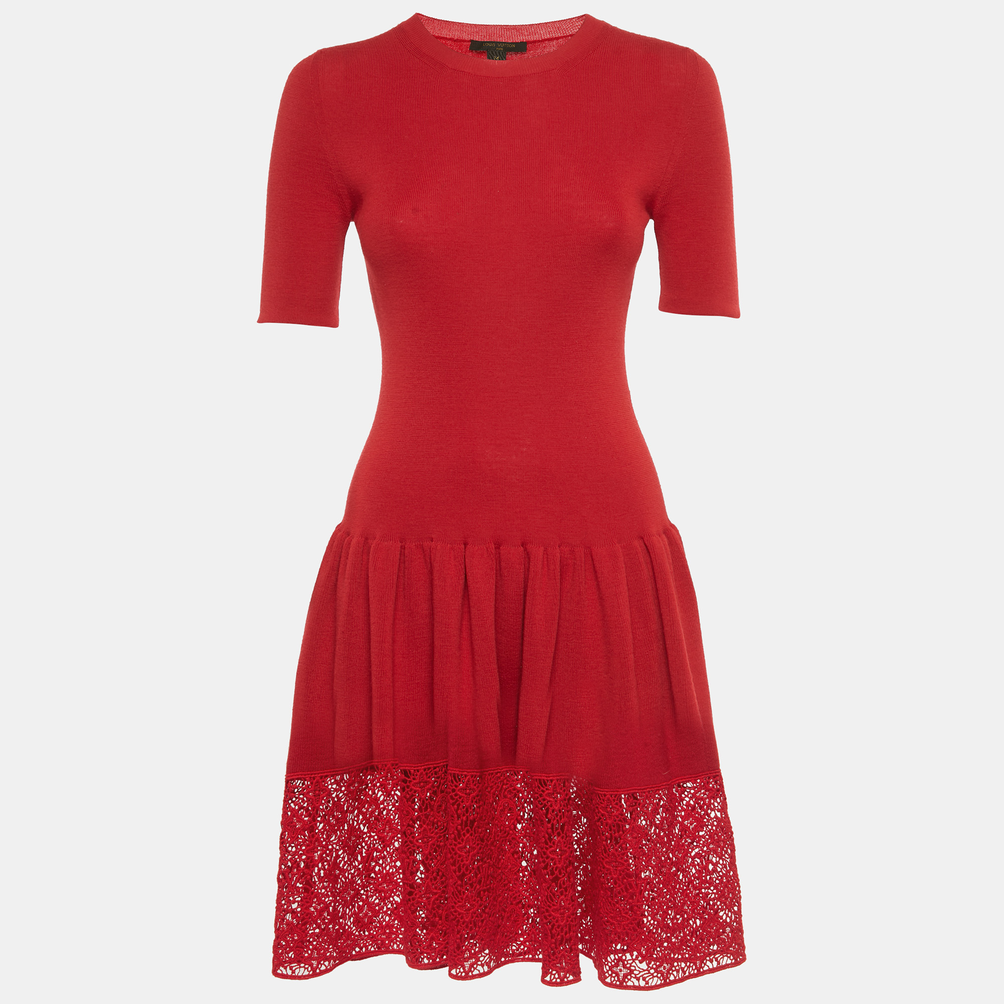 Pre-owned Louis Vuitton Red Wool Lace Trim Mini Dress M