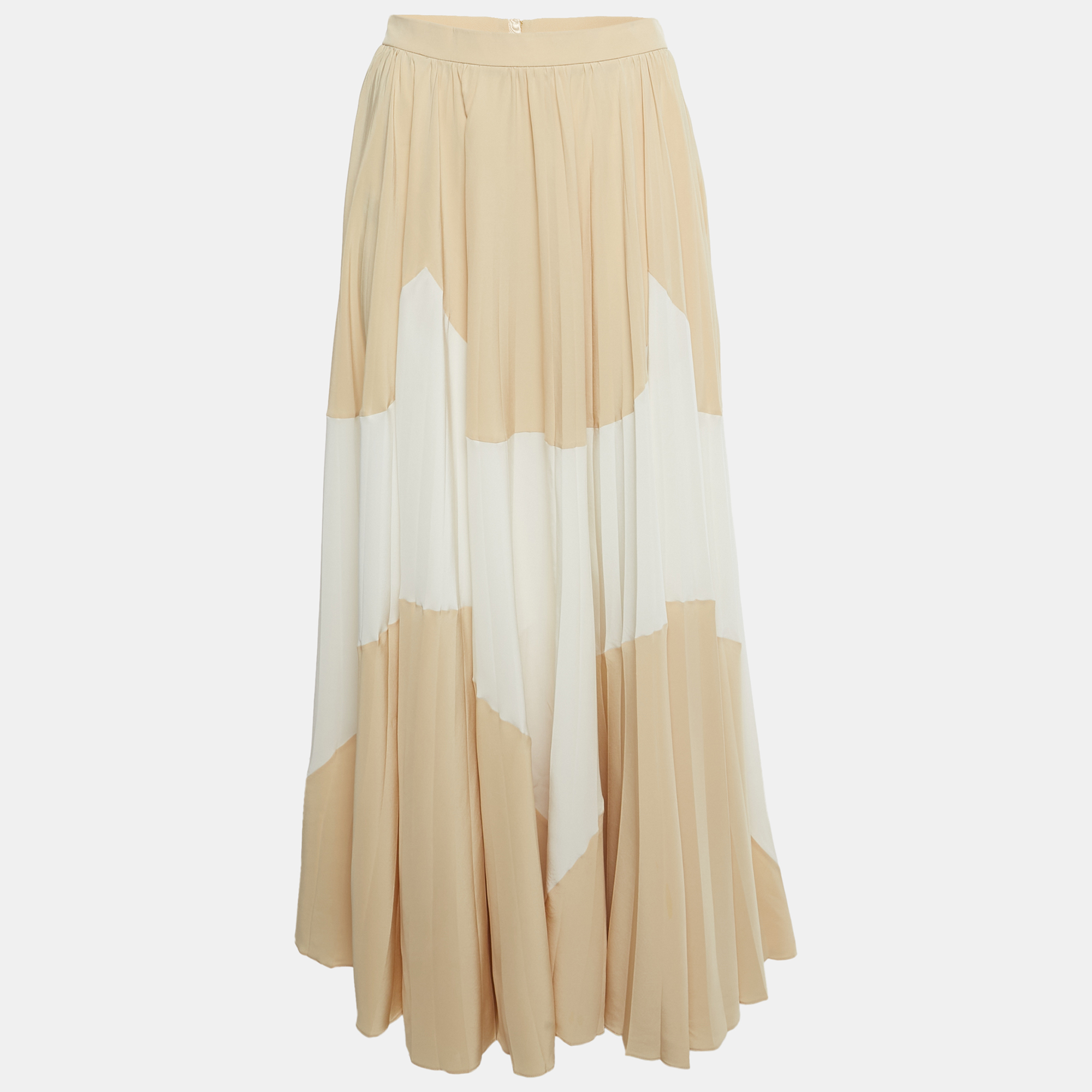 Pre-owned Louis Vuitton Beige /white Abstract Print Silk Pleated Maxi Skirt S In Sand