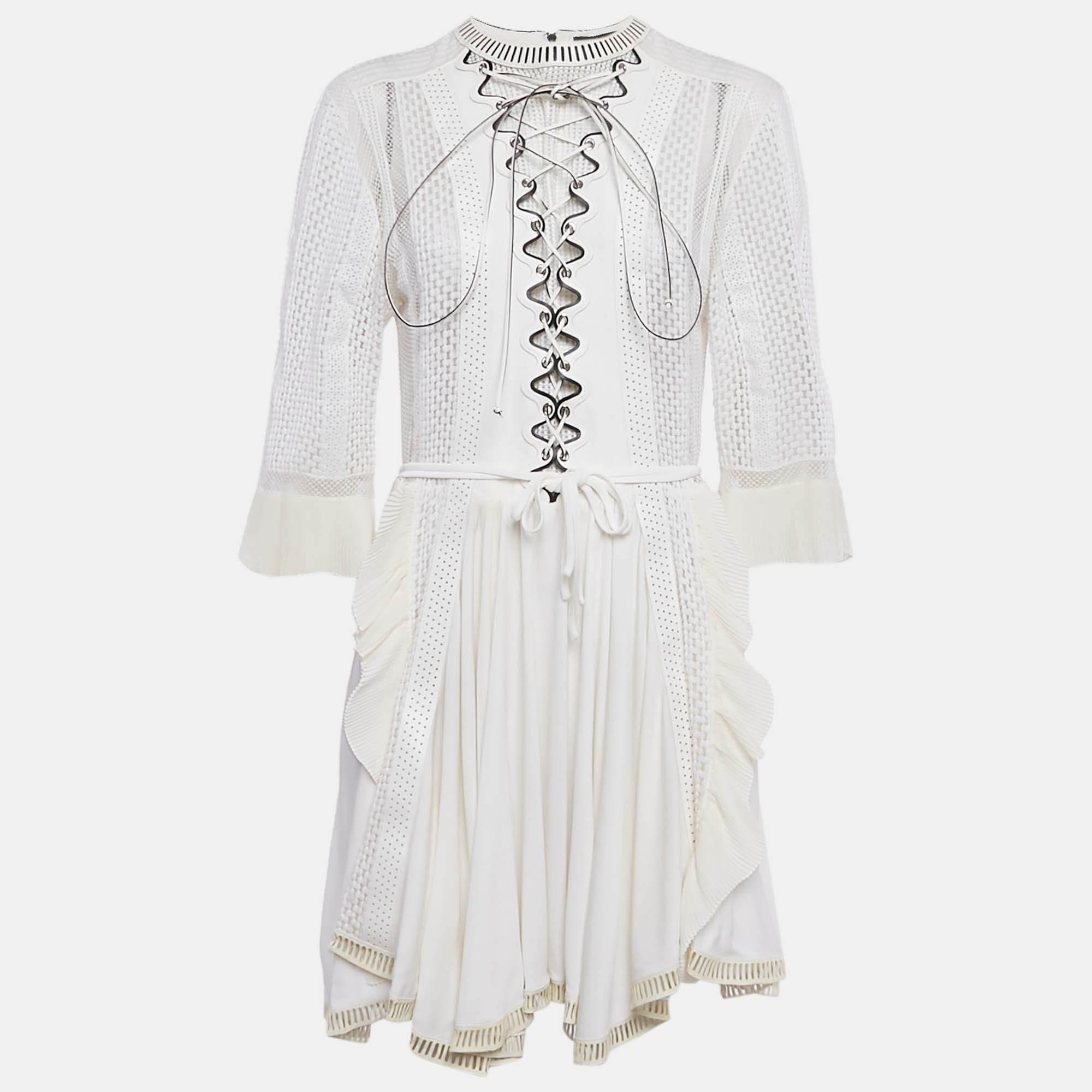Pre-owned Louis Vuitton White Silk & Leather Trim Perforated Mini Dress M