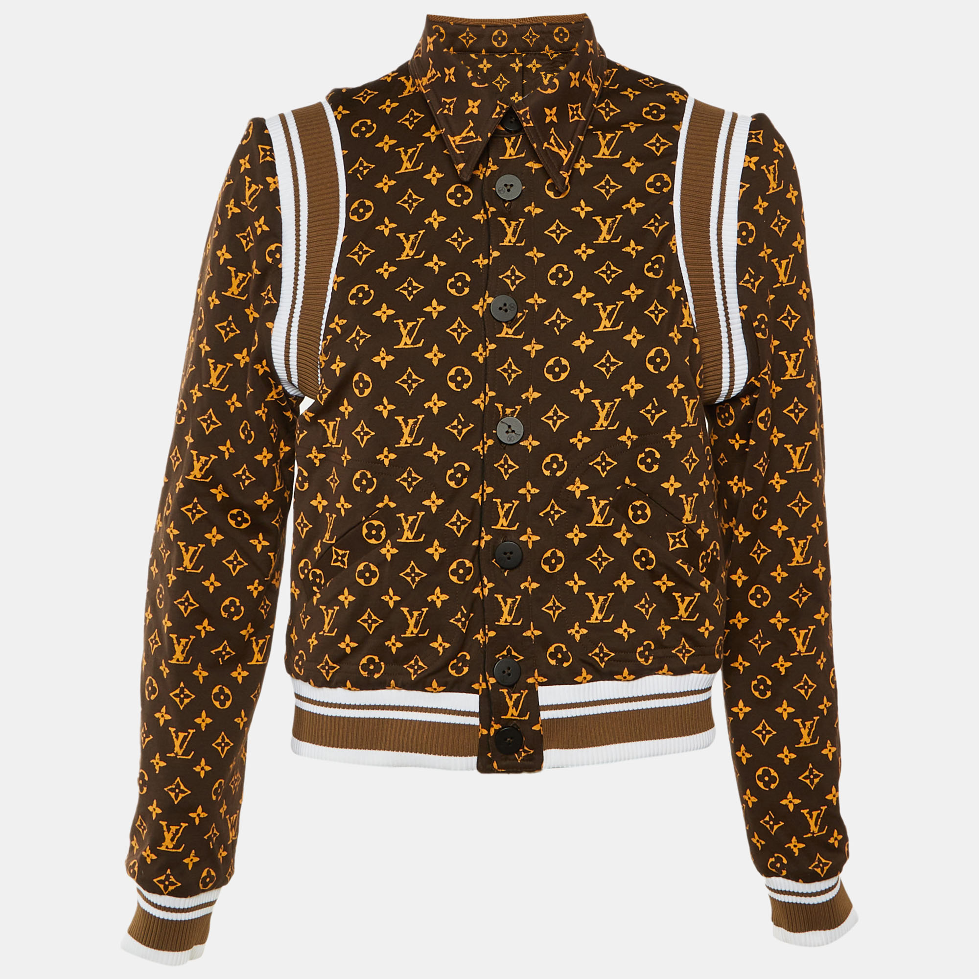 Pre-owned Louis Vuitton Brown/black Monogram Crepe & Knit Reversible Bomber Jacket M