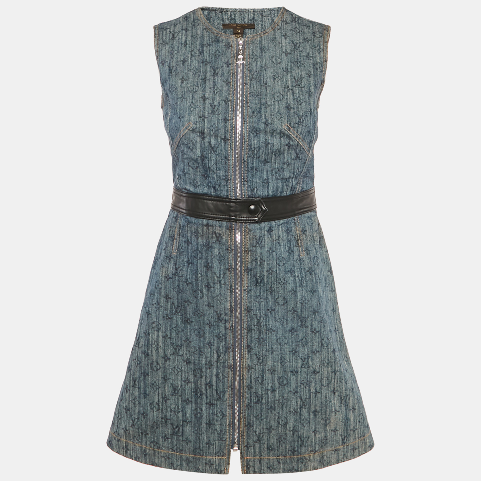 Pre-owned Louis Vuitton Blue Monogram Denim Leather Trim Mini Dress S