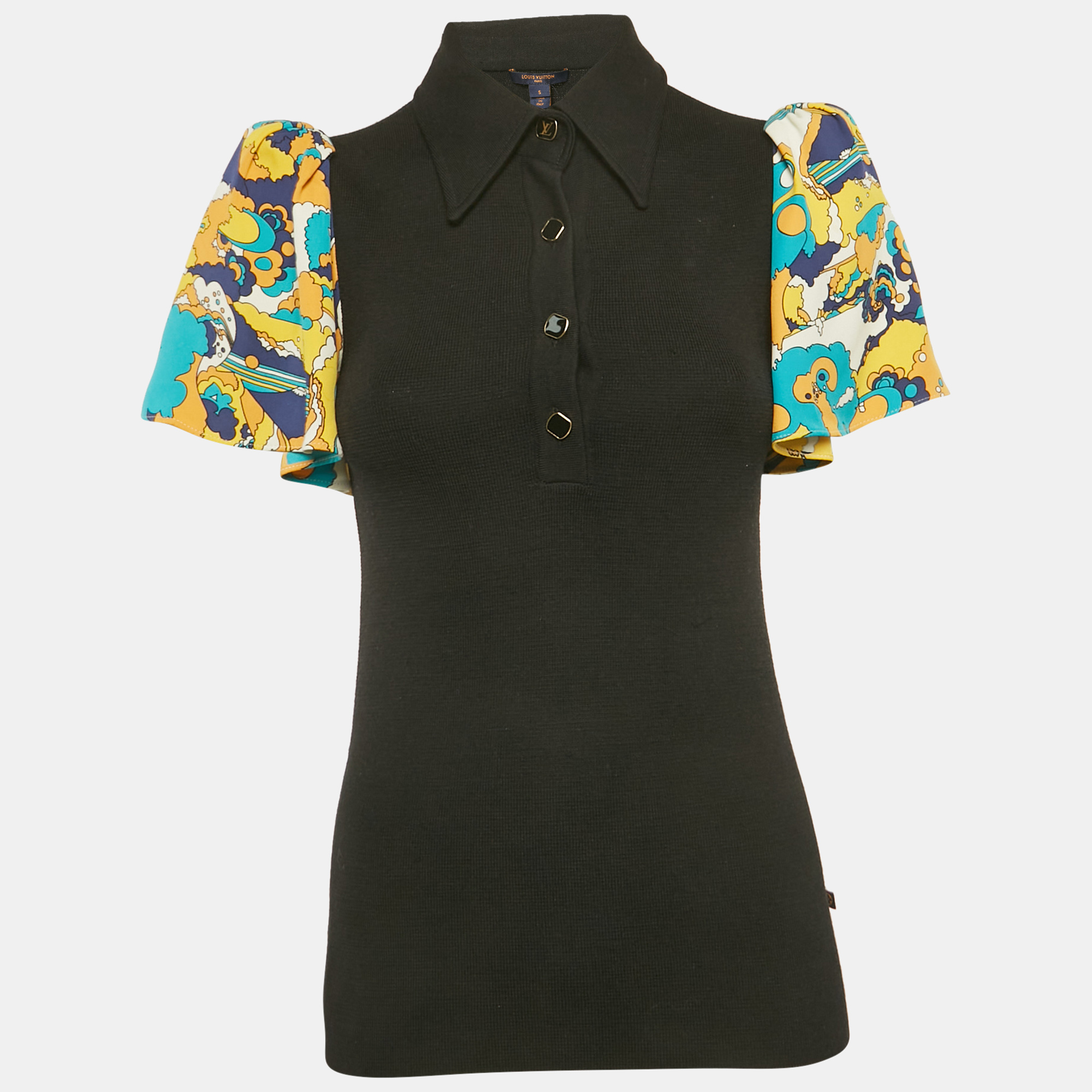 Pre-owned Louis Vuitton Black Wool Knit Contrast Sleeve Polo T-shirt S