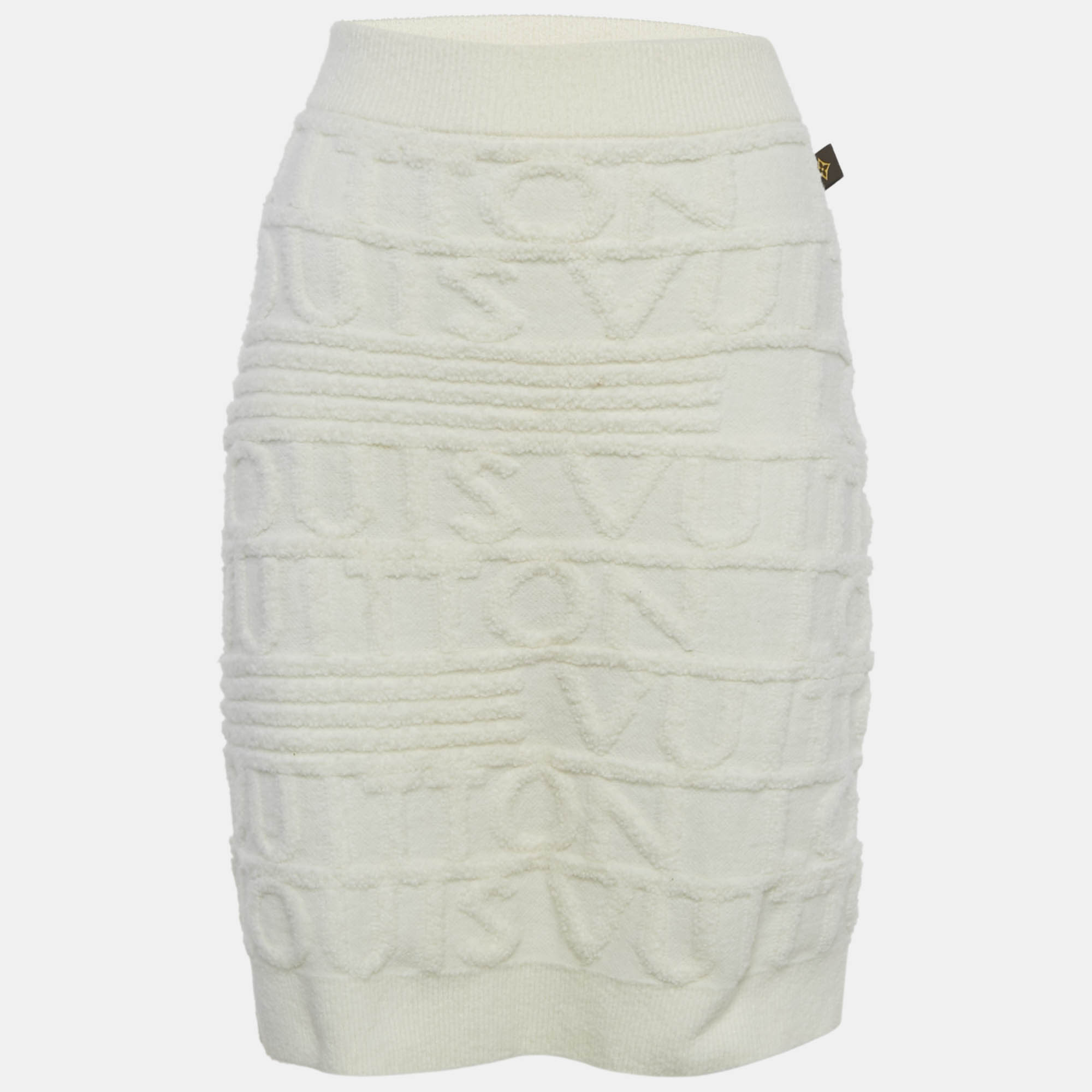 Pre-owned Louis Vuitton Cream Logo 3d Signature Knit Mini Skirt S In White
