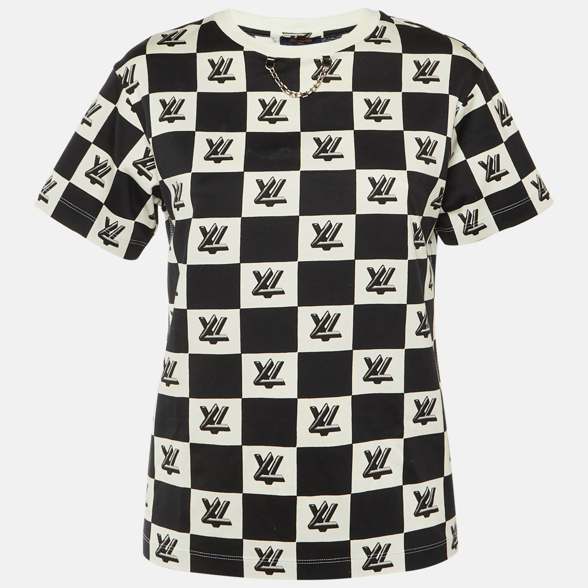 

Louis Vuitton Black/White Checkered Twist Lock Cotton Crew Neck T-Shirt M