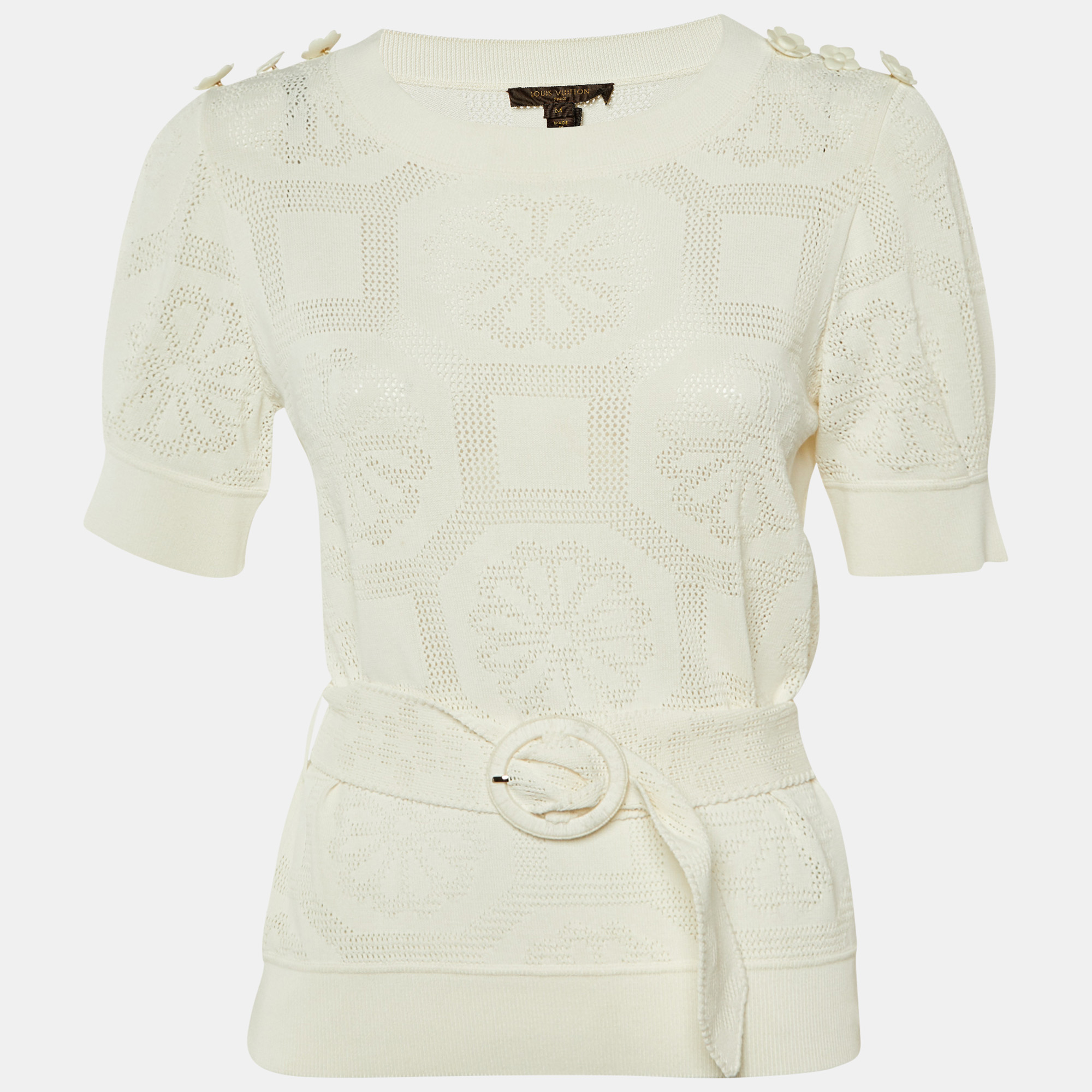 

Louis Vuitton Ivory Perforated Knit Belted Jumper M, White