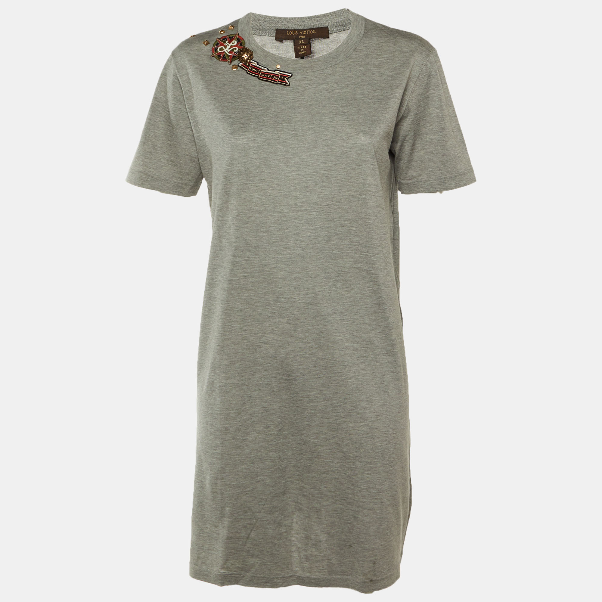 

Louis Vuitton Grey Logo Patch Embellished Detail Cotton T-Shirt XL