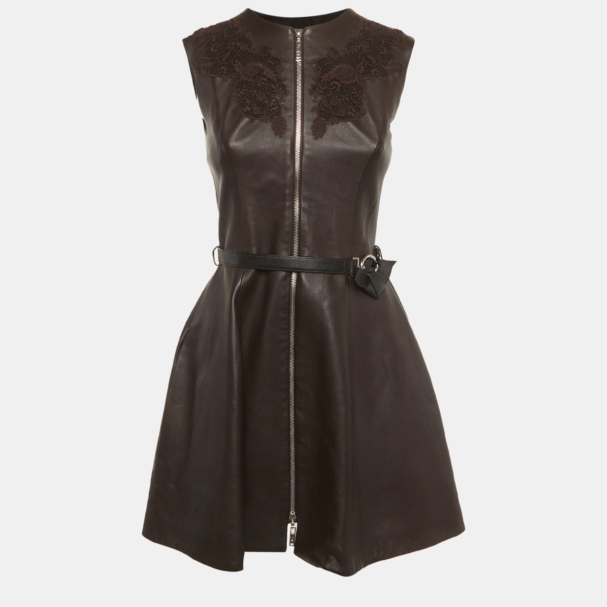 

Louis Vuitton Brown Leather Belted Lace Detail Mini Dress S