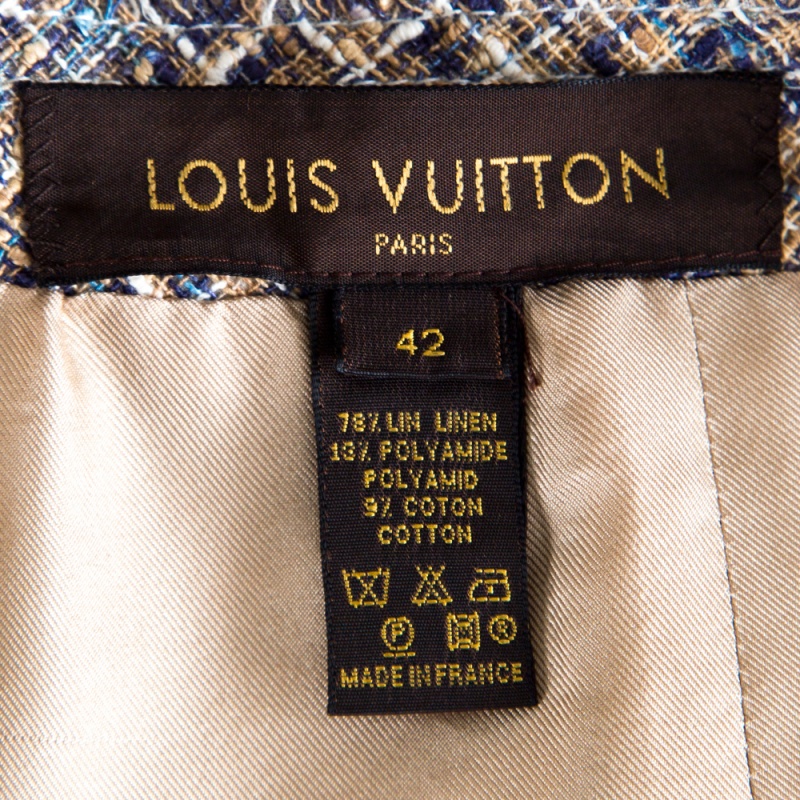 Louis Vuitton Tan and Blue Textured Fringed Pencil Skirt L Louis
