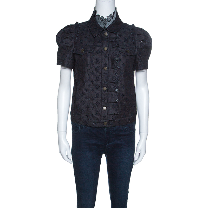 Louis Vuitton Indigo Monogram Eyelet Embroidered Denim Short Sleeve Shirt M