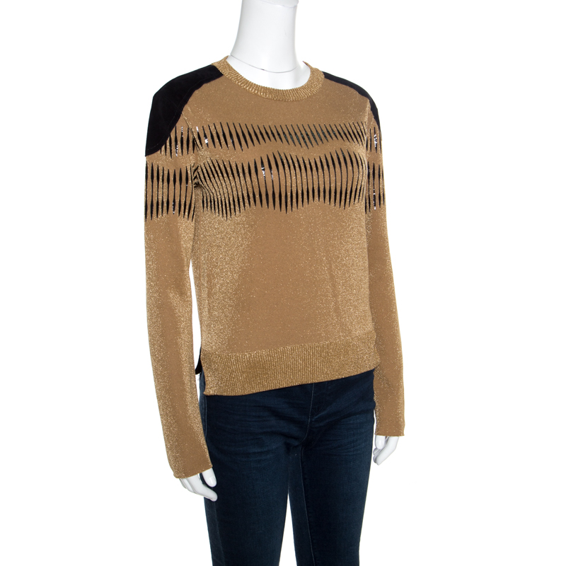 Pre-owned Louis Vuitton Brown Lurex Knit Contrast Suede Shoulder Patch Detail Cropped Sweater Xs