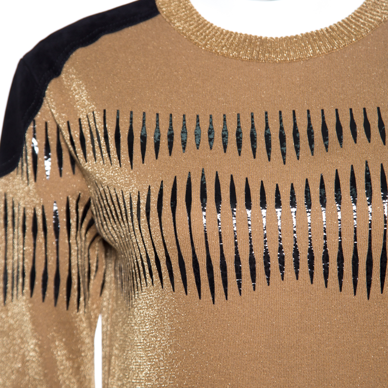 Pre-owned Louis Vuitton Brown Lurex Knit Contrast Suede Shoulder Patch Detail Cropped Sweater Xs