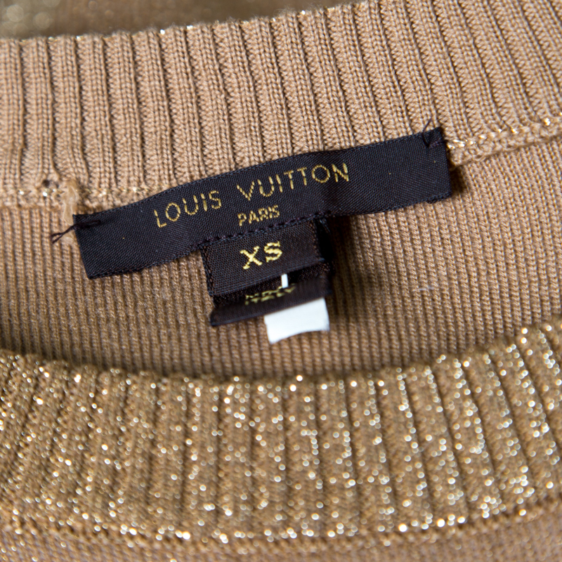 Pre-owned Louis Vuitton Brown Lurex Knit Contrast Suede Shoulder Patch Detail Cropped Jumper Xs
