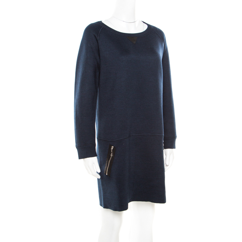 

Louis Vuitton Navy Blue Knit Leather Pocket Trim Detail Long Sleeve Dress