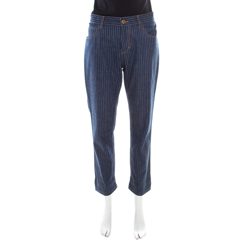 Pre Owned Louis Vuitton Indigo Striped Denim Straight Fit Jeans M