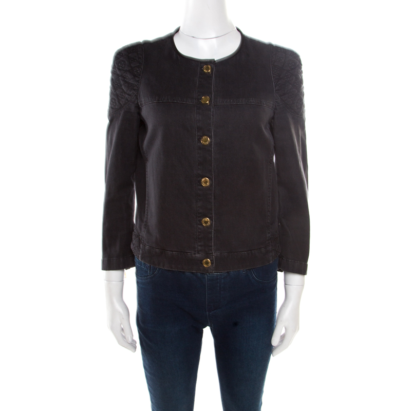 Louis Vuitton Black Washed Effect Denim Monogram Embroidered Collarless Jacket M