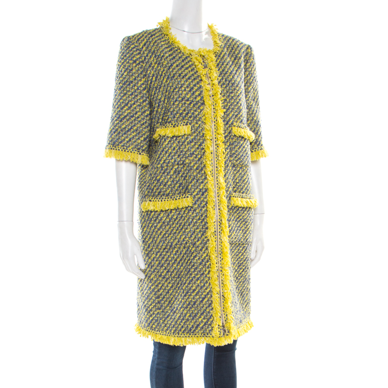 

Louis Vuitton Yellow and Blue Tweed Fringed Trim Long Coat