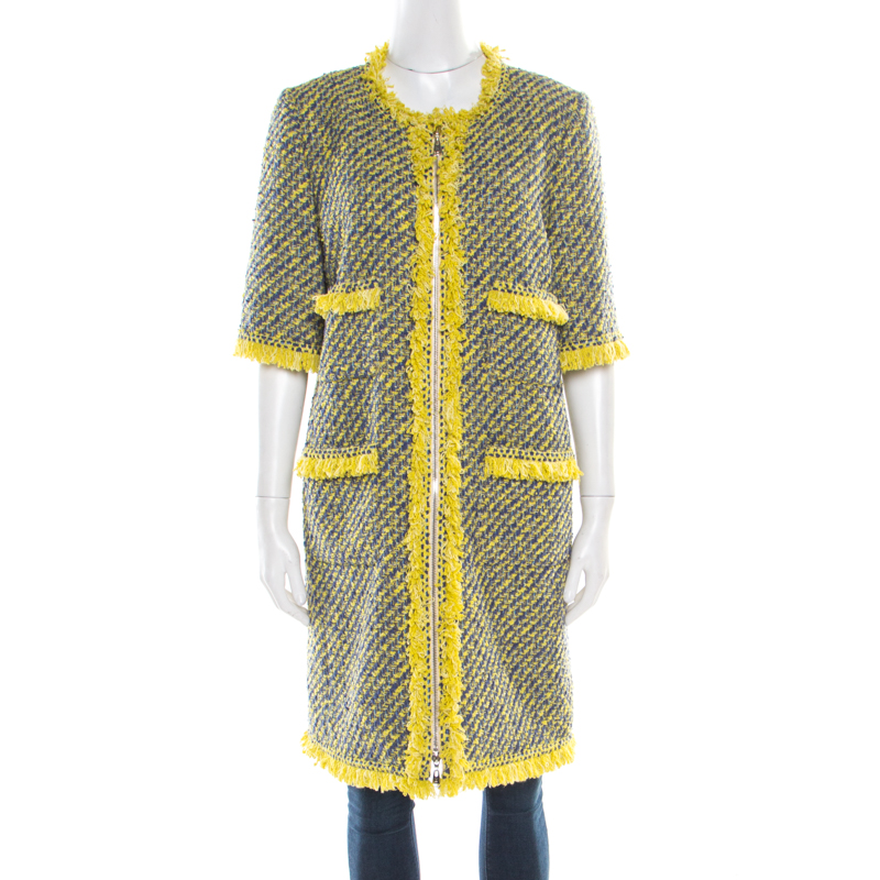 Louis Vuitton Yellow and Blue Tweed Fringed Trim Long Coat L Louis Vuitton | TLC