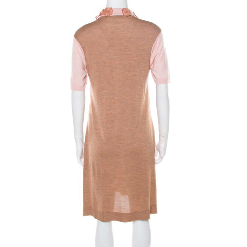 Pre-owned Louis Vuitton Beige Silk Knit Floral And Bead Applique Polo T-shirt Dress L