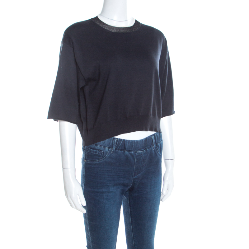 

Louis Vuitton Navy Blue Silk and Cotton Knit Crew Neck Crop Top