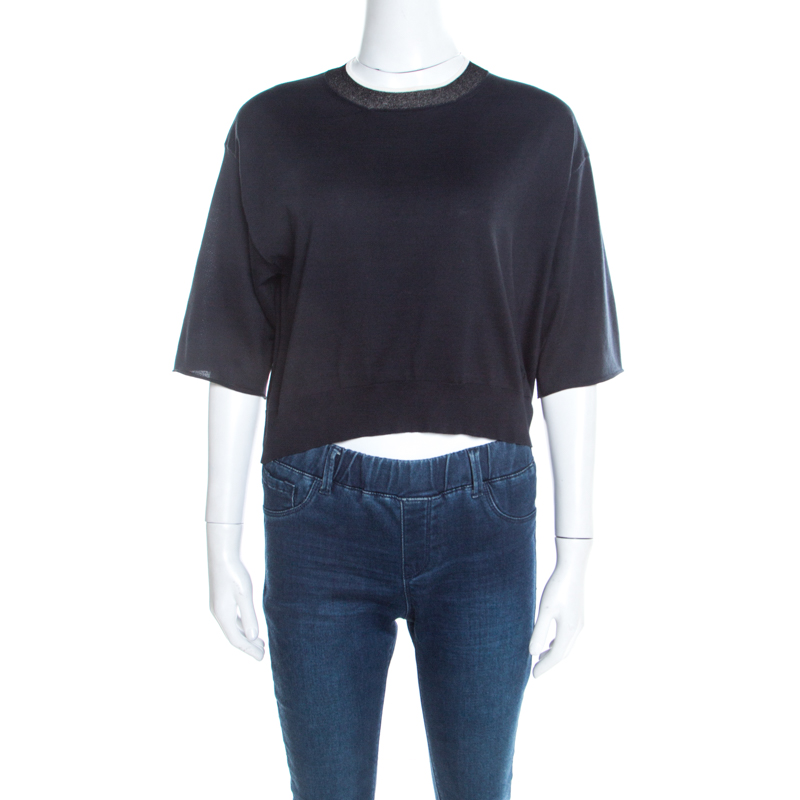 Louis Vuitton Navy Blue Silk and Cotton Knit Crew Neck Crop Top L