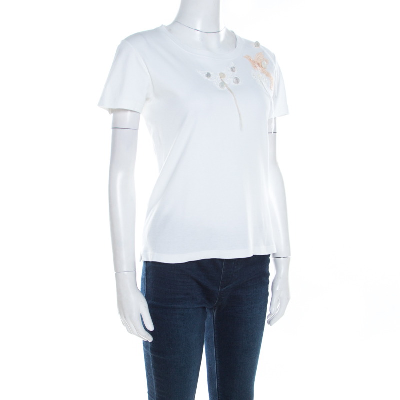 

Louis Vuitton White Jersey Butterfly and Bird Lace Applique T-Shirt