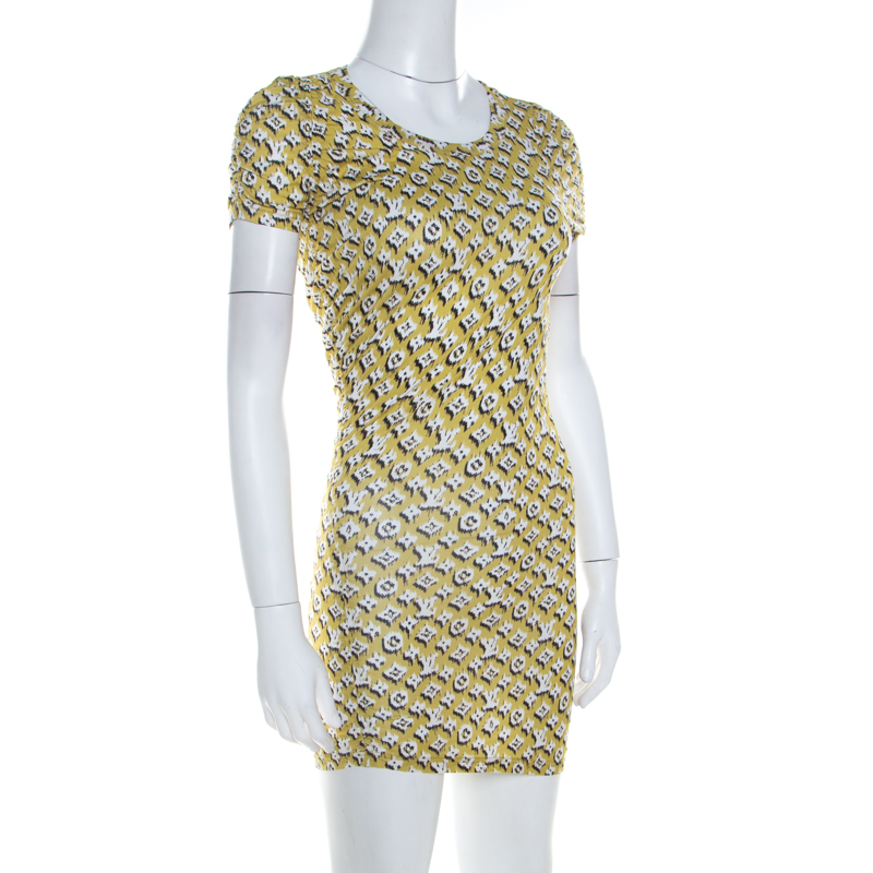 Louis Vuitton Yellow Monogram Print Cotton Ruche Detail Mini Dress