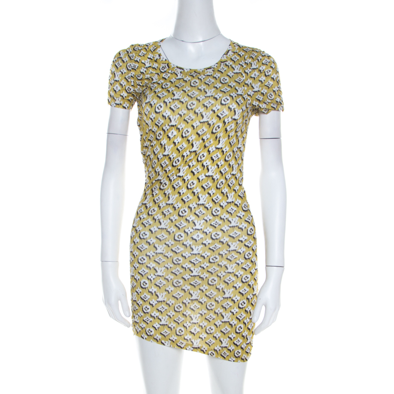 Louis Vuitton Yellow Monogram Print Cotton Ruche Detail Mini Dress S ...
