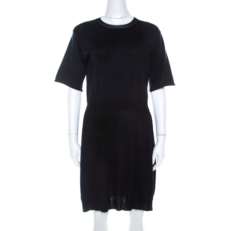 Louis Vuitton Black Cotton Silk Elasticized Waist Crew Neck Dress M