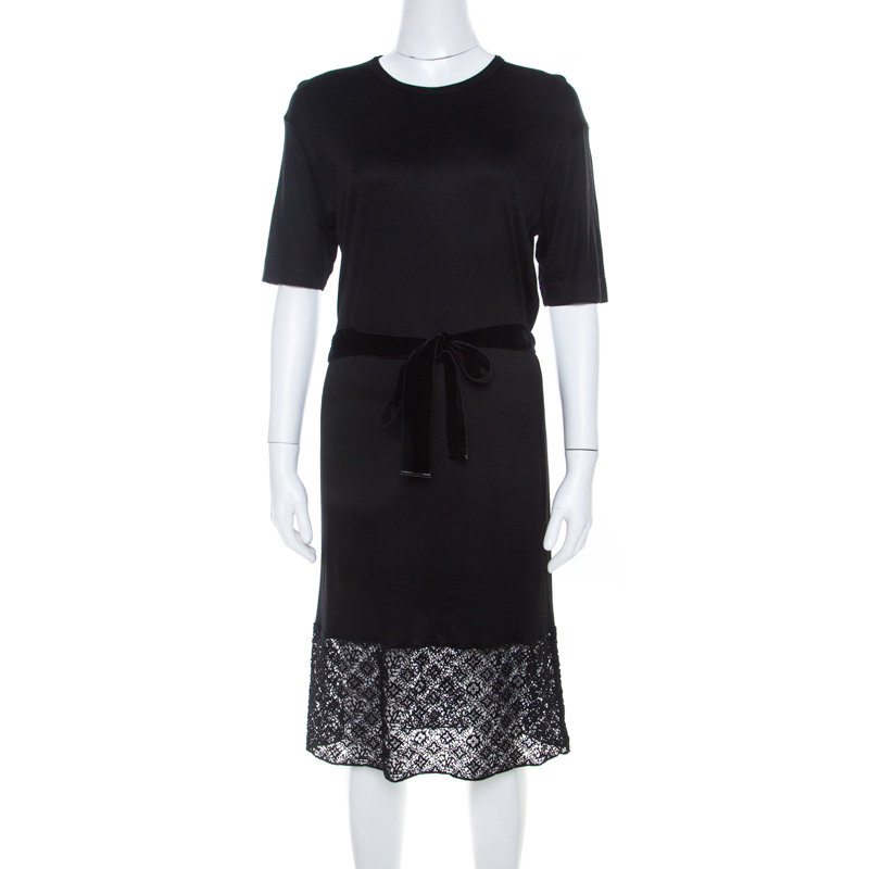 Louis Vuitton Black Stretch Knit Belted Short Sleeve Dress S
