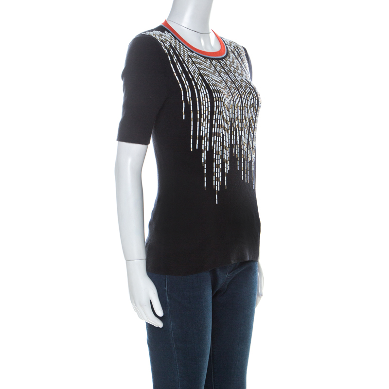 

Louis Vuitton Black Cashmere & Silk Blend Embellished Bodice Short Sleeve Top