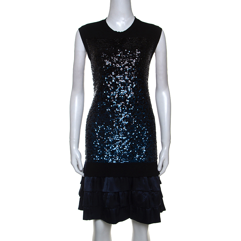 Louis Vuitton Navy Blue Cashmere and Silk Sequinned Dress M