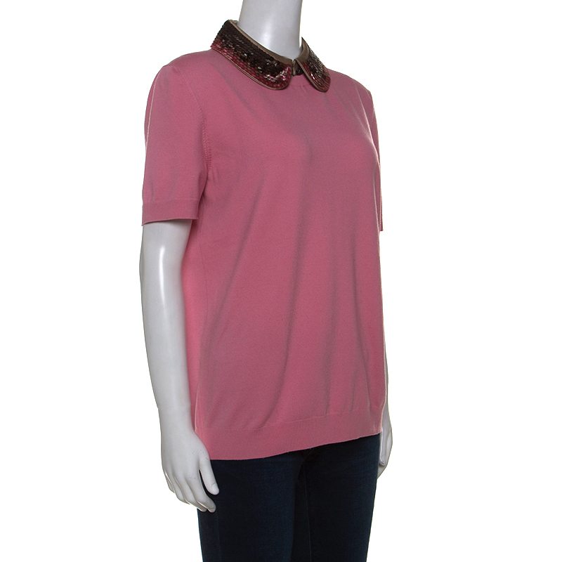 

Louis Vuitton Pink Knit Sequin Embellished Detachable Collar Top