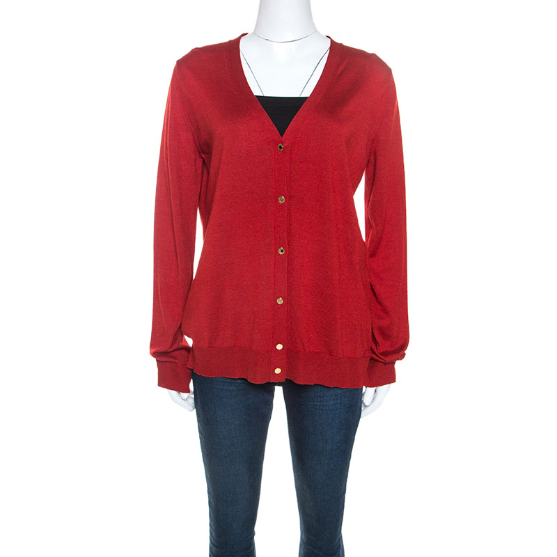 Louis Vuitton Red Cashmere and Silk Knit Button Front Cardigan XL