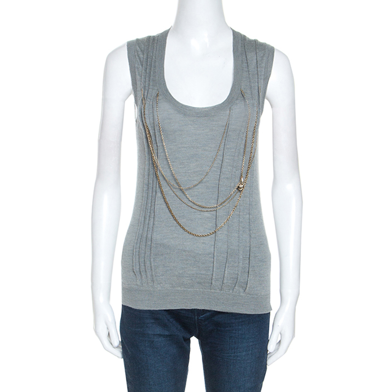 Louis Vuitton Grey Cashmere Knit Chain Detail Sleeveless Top S