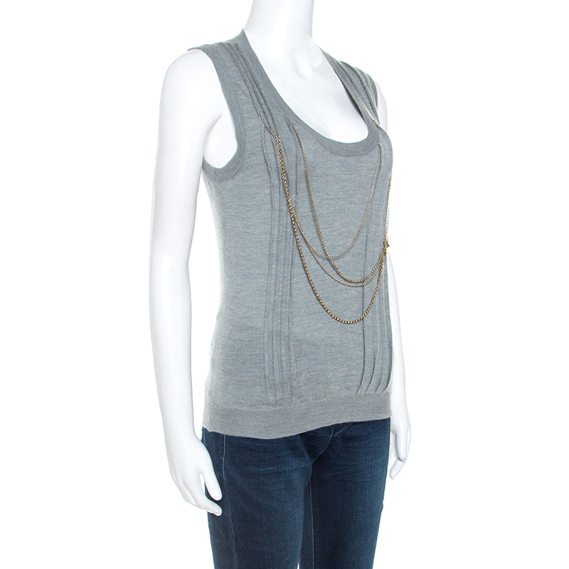 

Louis Vuitton Grey Cashmere Knit Chain Detail Sleeveless Top