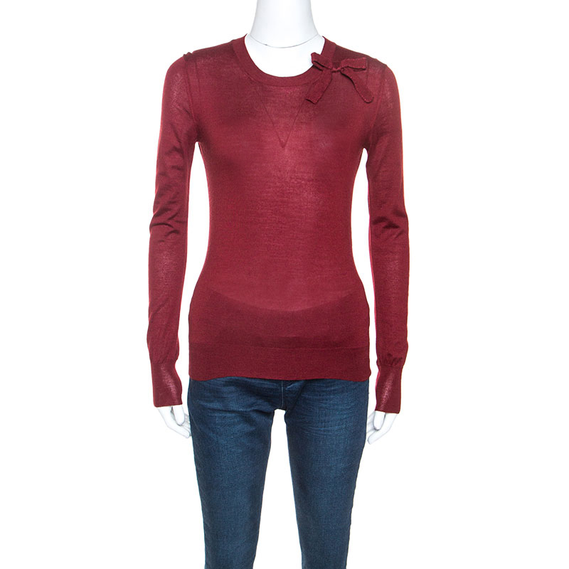 Louis Vuitton Burgundy Cashmere and Silk Blend Bow Detail Sweater S